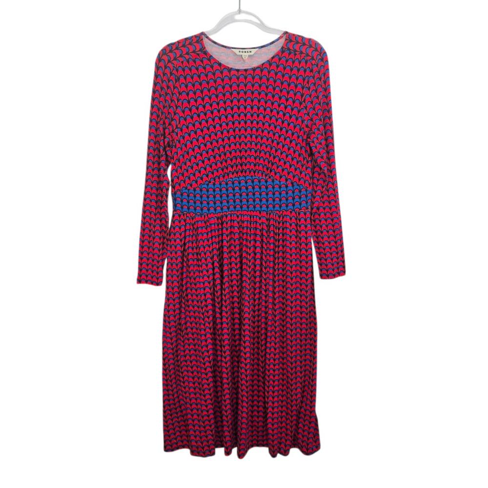 Boden Midi Dress Jersey Red Blue Geometric Print Long Sleeve Pockets 10 NWT